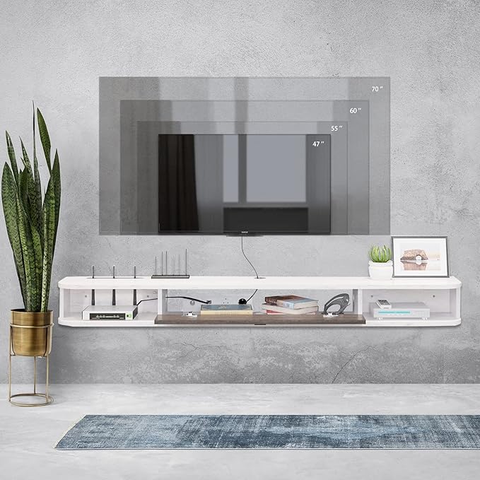 Pmnianhua Floating TV Console,78'' Wall-Mounted Media Console TV Cabinet Floating TV Stand Entertainment Shelf with Door and Storage (Grey-White)-Ruum Studio Home