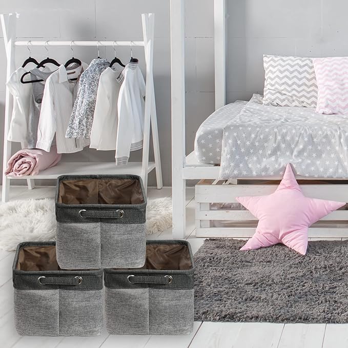 SIMPLE HOUSEWARE Large Fabric Storage Bin, 14.4" x 10" with Handles, 3-Pack, Foldable Organizer for Closet and Shelf, Dark Gray-Ruum Studio Home
