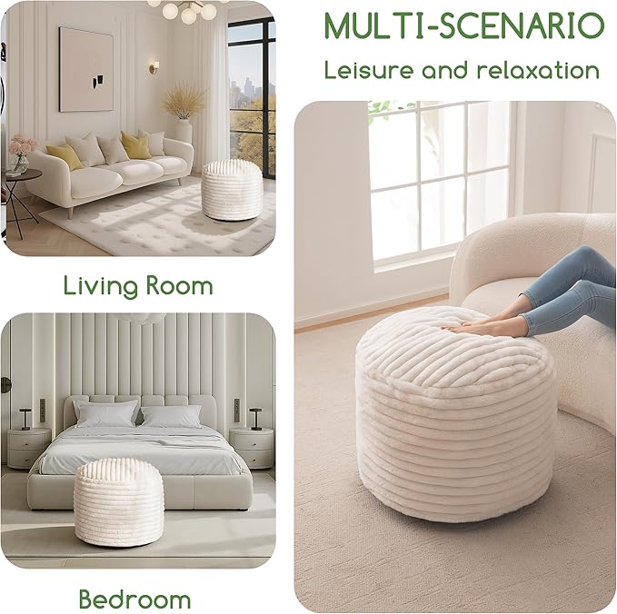 HIGOGOGO Round Stuffed Pouf Ottoman, Stripe Faux Fur Poufs with Foam Chunk Filling, Furry and Fluffy Pouf Foot Stool Storage Ottoman, 26 X 18 Floor Poufs Foot Rest for Living Room, Beige-Ruum Studio Home