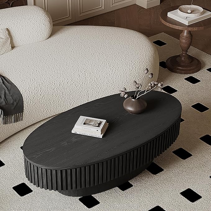 47.2''Oval Coffee Table with Storage, Mid Century Modern Fluted Drum Center Tables with Lid, Solid Wood Side Pedestal Coffee Table Tea Table for Living Room, Bedroom, Apartment-Black-Ruum Studio Home