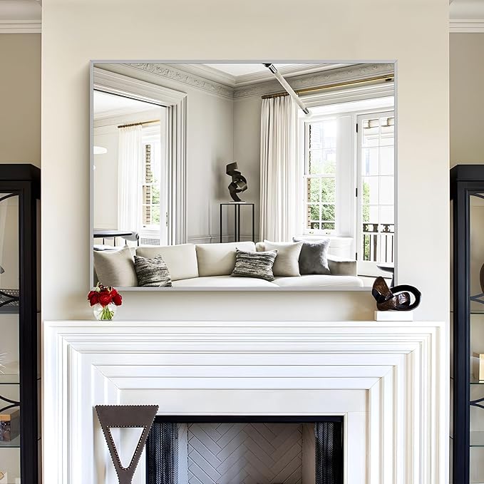 30x40In Silver Bathroom Mirror for Wall, Brushed Nickel Rectangle Mirrors with Metal Frame, Bathroom Rectangular Mirror Modern Wall Mirror for Bedroom Living Room, Hangs Horizontal or Vertical-Ruum Studio Home