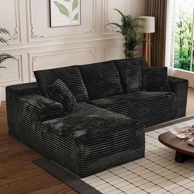 Modular Sectional Sofa Cloud Sectional Couch, 107" Comfy Fluffy L Shaped Black Couches for Living Room, Deep Seat Memory Foam Plush Corduroy Boneless Couch Sectionals with Left Facing Chaise Sofa-Ruum Studio Home