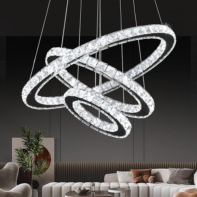 Buccleuch Modern Crystal Chandelier, Dimmable LED Pendant Light Fixture 3-Ring Adjustable Stainless Steel Ceiling Light, Silver Crystal Chandeliers for Dining Room, Bedroom, Living Room - ETL Listed-Ruum Studio Home