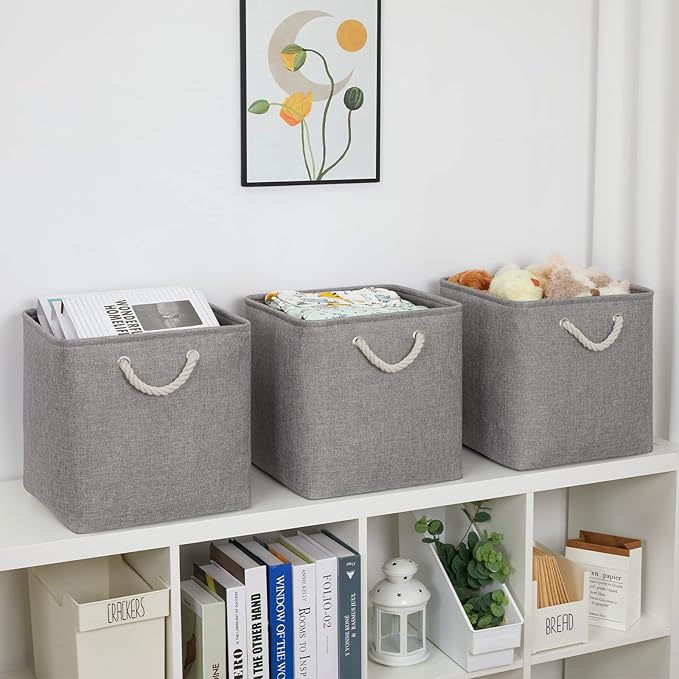Bidtakay Grey Baskets Foldable Storage Cube Bins 13x13x13 Cube Storage Organizer Closet Set of 3 Fabric Storage Baskets for Home Office Large Baskets for Nursery Baby Toy Storage-Ruum Studio Home