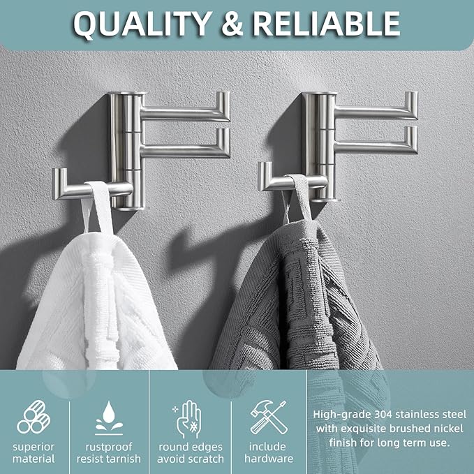 Angle Simple Swivel Towel Hooks, SUS 304 Stainless Steel Foldable Robe Hand Towel Holder for Bathroom Kitchen Wall, Brushed Nickel, 2 Pack-Ruum Studio Home