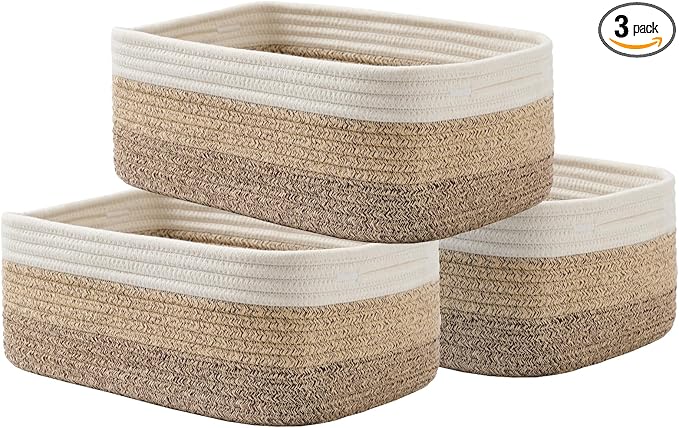 Small Woven Basket, 13.5 x 9.5 x 5 Inches, Storage Basket for Organizing, Cute Small Rope Shelf Closet Cube Storage Bins Baskets for Shelves, Dog Toy Gift Baskets Empty, 3 Pack Gradient Brown-Ruum Studio Home