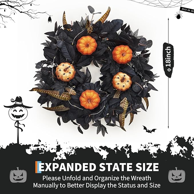 GarveeHome Halloween Wreath for Front Door, 18 Inch Fall Wreath with Pumpkins and Maple Leaves for Indoor Outdoor Wall Window Porch Patio Garden Farmhouse Home Party Prom Decoration-Ruum Studio Home
