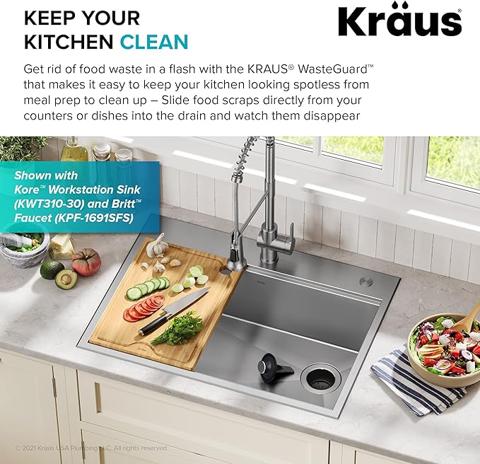 KRAUS WasteGuard 3/4 HP Ultra-Quiet Garbage Disposal with Quick Connect, Kitchen Sink Drain Cover, Power Cord and Flange Included, KWD100-75MBL-Ruum Studio Home