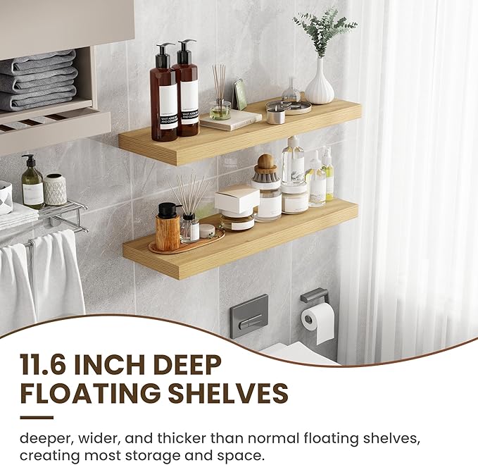 36 Inch Floating Shelves, 11.6 Inch Deep Floating Shelves for Wall, Floating Shelf with Invisible Brackets, Deep Shelves for Bathroom, Bedroom, Living Room, 2 Pack, Natural-Ruum Studio Home