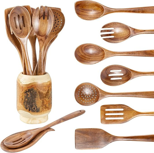 Gudamaye 13 inch Long Wooden Spoons for Cooking,Wooden Utensils for Cooking with Utensils Holder,9 PCES Wooden Kitchen Utensils Set with Utensils Holder and Spoon Rest,Natural Teak Wooden Spoons Set-Ruum Studio Home