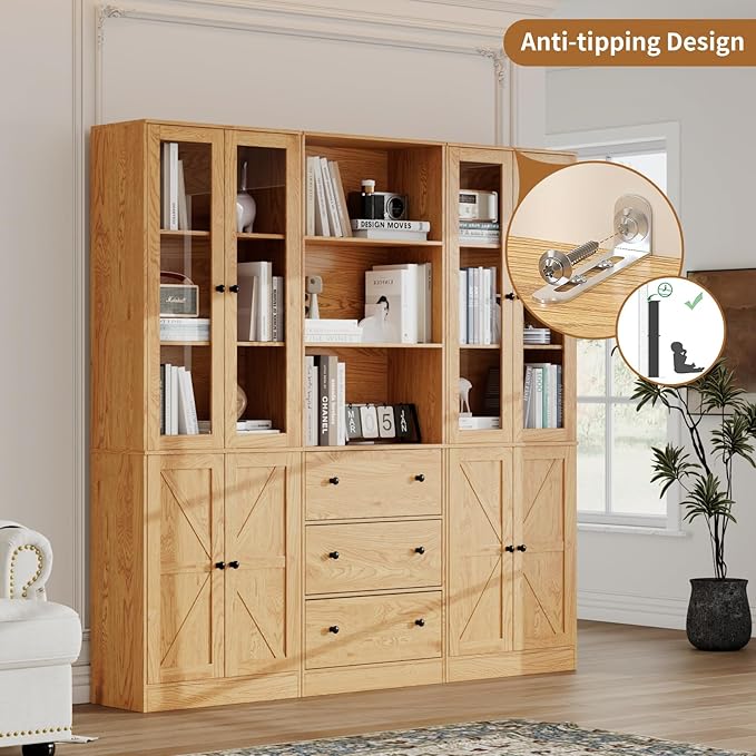 71" Tall Bookshelves Set of 3, 1 Bookcase with Drawers & 2 Bookshelves with Doors, Wooden Floor Standing Display Storage Shelves for Home Office, Living Room-Ruum Studio Home