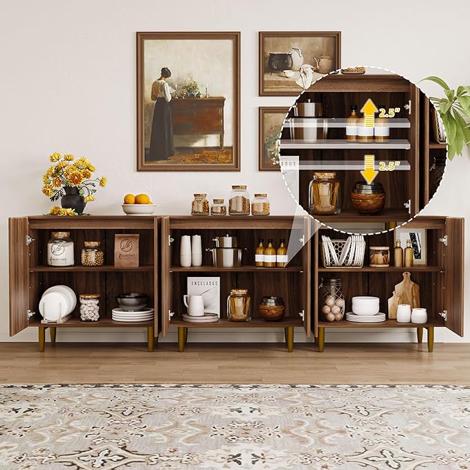 Set of 2 Fluted TV Stands with Storage, 65 Inch Accent Sideboard Large Console Table with Adjustable Shelves, Mid Century Modern TV Cabinets for Living Room, Dining Room, Walnut-Ruum Studio Home