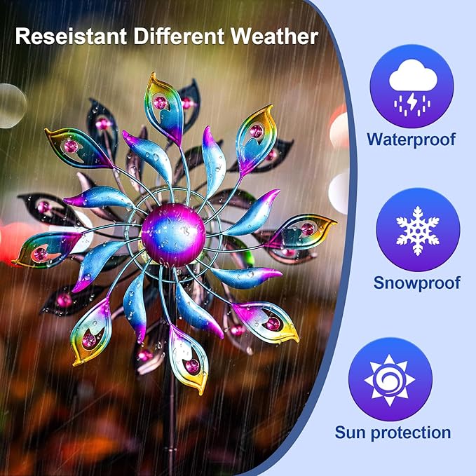 360°Peacock Solar Wind Spinner with Lights Blue Metal Garden Outdoor Decor Yard Lawn Art Decor for Patio Kinetic Windmills Unique Gifts for Friends and Family 51.9' H x 12.2'' Dia-Ruum Studio Home