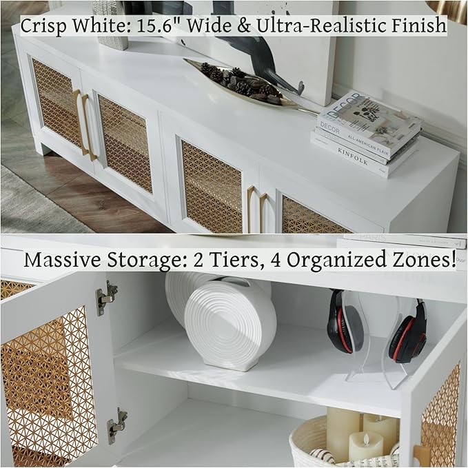 JYED Mid Century Modern TV Stand for TVs up to 75", 69.5" W White Entertainment Center with 4 Gold Metal Mesh Doors - Wood Grain MDF TV Console, Media Storage-Ruum Studio Home