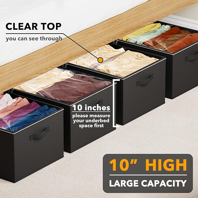 SpaceAid 4 Pack 10" High Under Bed Storage Containers, Large Underbed Storage Organizer Bins with Lids for Bedroom, Dorm, Clothes, Closet Organization, Bed Sheets and Blankets (Black)-Ruum Studio Home