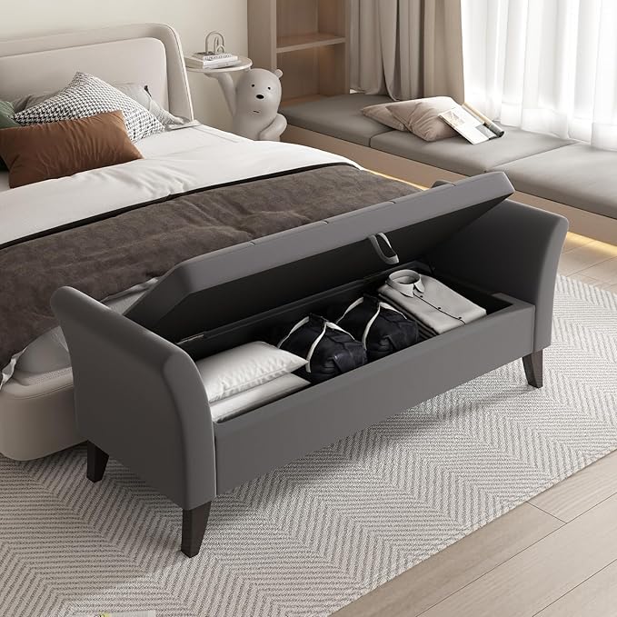 Furniliving 51” Bedroom Bench, End of Bed Bench with Button-Tufted Large Upholstered Storage Bench Ottoman Velvet Window Bench with Storage Shoe Cabinet Bench, for Bedroom, Entryway, Closet, Grey-Ruum Studio Home