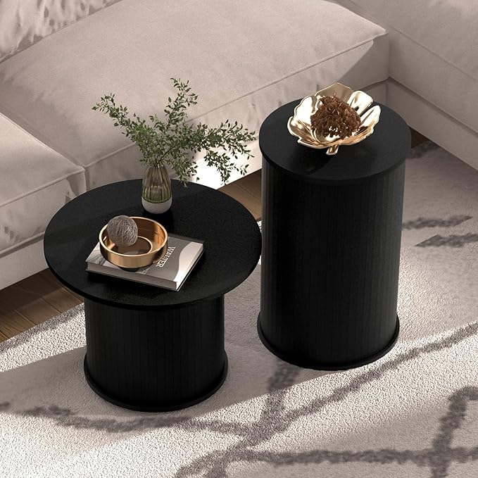 Set of 2 Round Nesting Coffee Tables for Living Room, Fluted Circle Black Wood Coffee and End Table Sets for Apartment, Small Spaces, Bedroom, Modern Style, Easy Assembly & Maintenance-Ruum Studio Home