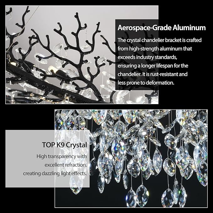 Modern Black Rectangle Crystal Tree Branch Chandelier, 55" 16-Light K9 Crystal Chandeliers for Dining Room, Rectangular Dining Room Chandelier Over Table,for High Ceiling,Kitchen-Ruum Studio Home
