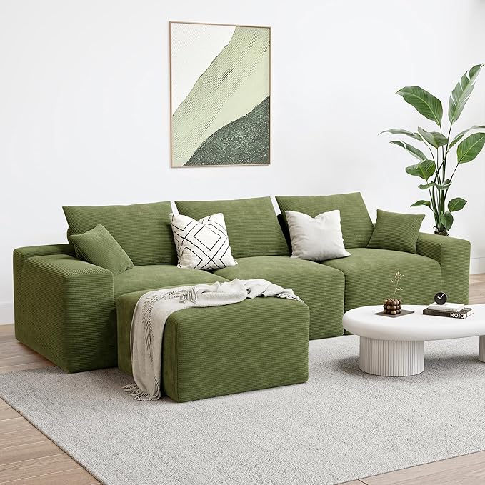 LIKIMIO 120" Modern L-Shaped Modular Sectional Sofa for Living Room, Corduroy Upholstery Green, Oversized 3-Seater Couch with Deep Seat and Movable Ottoman – No Assembly-Ruum Studio Home