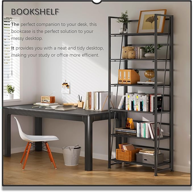 4NM No Assembly Foldable Bookshelf, 6-Shelf Collapsible Bookcase Storage for Small Spaces, 74" H, All Black-Ruum Studio Home