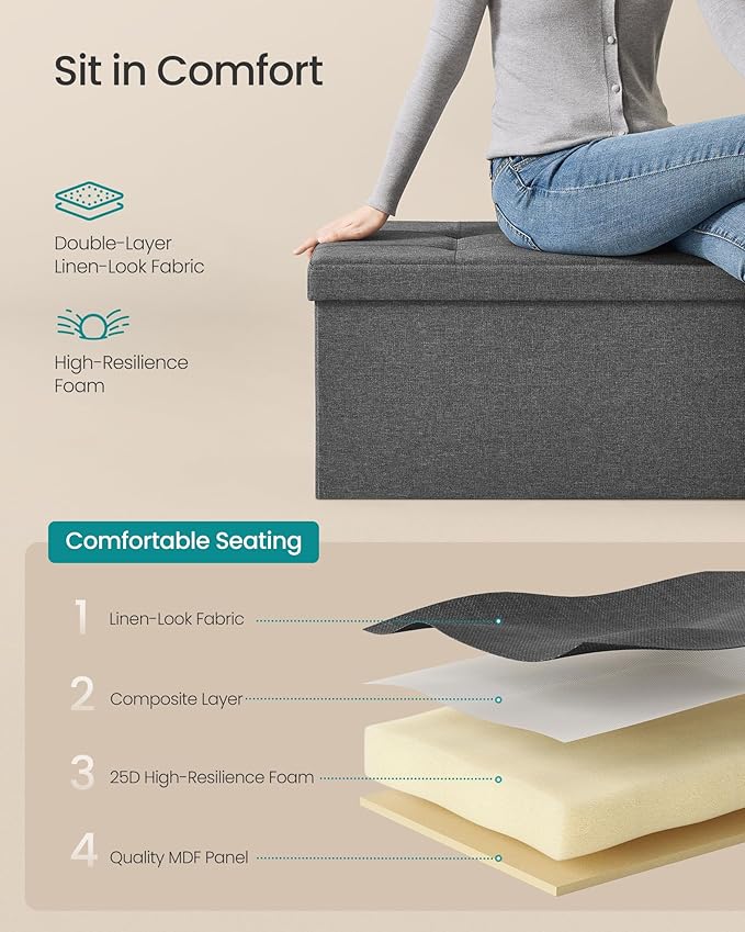 SONGMICS MAZIE Collection - 43 Inches Folding Storage Ottoman Bench, Ottoman Foot Rest, End of Bed Bench, Storage Chest, Load 660 lb, for Living Room, Bedroom, Entryway, Dark Gray ULSF77K-Ruum Studio Home