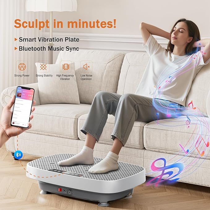 Vibration Plate Exercise Machine, Ultra-Quiet Vibration Plate for Lymphatic Drainage & Body Toning, Whole Body Vibration Platform with Bluetooth, Resistance Bands, Home Gyms Equipment-Ruum Studio Home