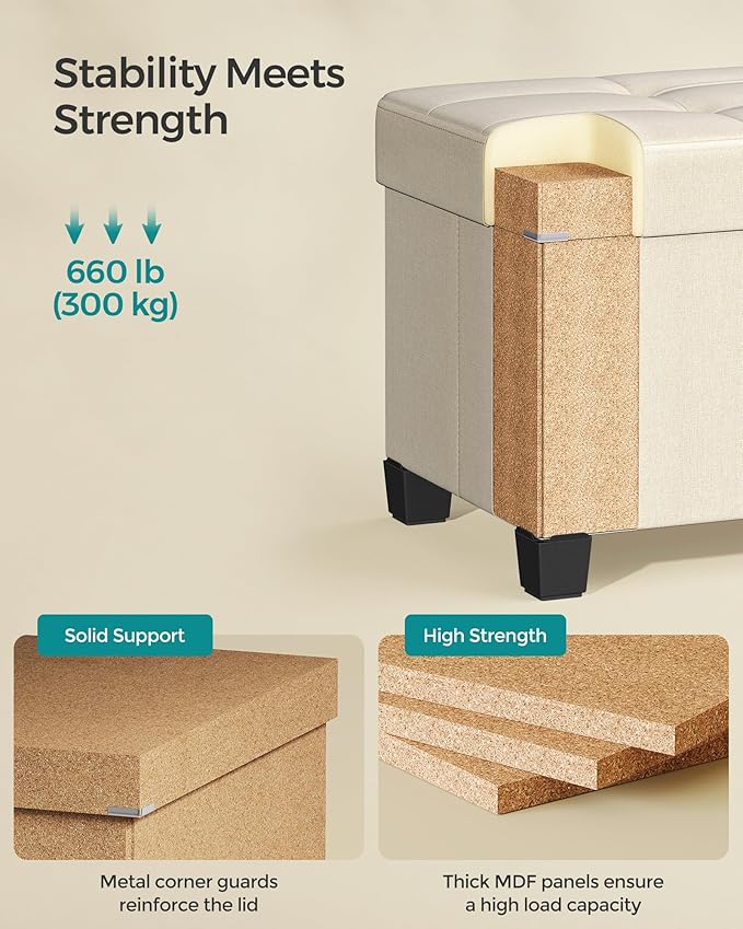 SONGMICS Storage Ottoman Bench, Foldable Foot Rest with Legs, 15 x 43 x 15.7 Inches, End of Bed Bench, Storage Chest, Load up to 660 lb, for Living Room, Bedroom, Entryway, Cream White ULSF018W01-Ruum Studio Home