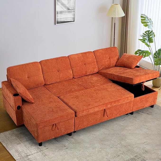 ACMEASE110“ Inches L-Shaped Pull Out Sofa Bed w/Storage Chaise & Adjustable Back, Chenille Sectional Sofa w/USB Port,Tufted Sleeper Couch w/Cup Holders for Living Room, Orange-Ruum Studio Home