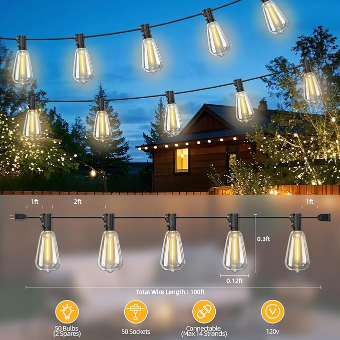 ST38 100FT LED Outdoor String Lights with 50 Shatterproof ST38 Bulbs+2 Spares, 2700K Warm White – for Backyard, Patio, Garden, Wedding, Party, Christmas, Porch, Deck, Gazebo, Bistro, Camping Decor-Ruum Studio Home