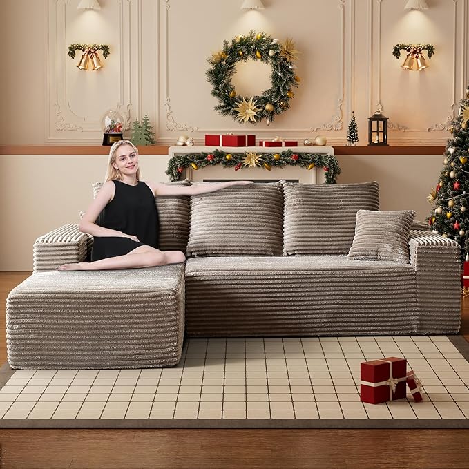 HYJT-H&K Modular Sectional Sofa Cloud Couch, 107" Comfy L Shaped Sectional Couches for Living Room, Deep Seat Memory Foam Plush Fluffy Corduroy Boneless Couch Sectionals Left Facing Sofa Chaise Brown-Ruum Studio Home