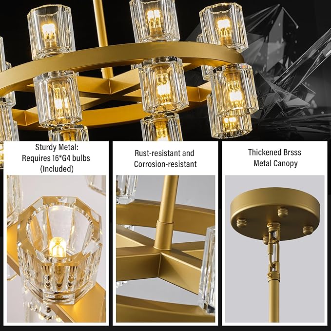 Gold Chandelier Light Fixture Kitchen and Dining, 16-Lights Modern Chandeliers for Dining Room, 18" Farmhouse Kitchen Pendant Lights Over Table, Crystal Wagon Wheel Chandelier(Bulbs Included)-Ruum Studio Home