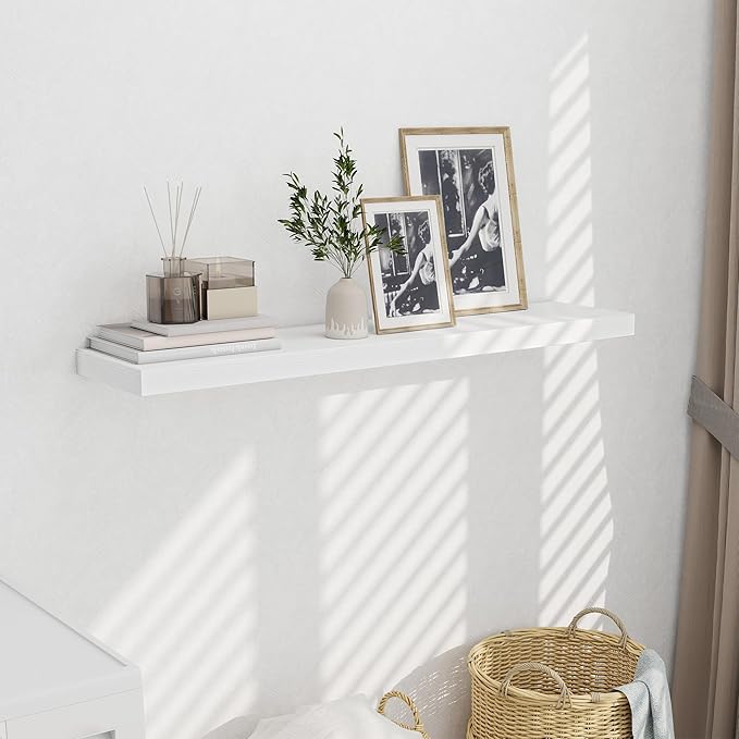 Fun Memories 10 Inch Deep Shelves, Floating Shelves for Wall 48 Inches Long, Wood Floating Shelves for Wall, Large Storage Shelves Wall Mount for Living Room Bedroom, White, Set of 1-Ruum Studio Home