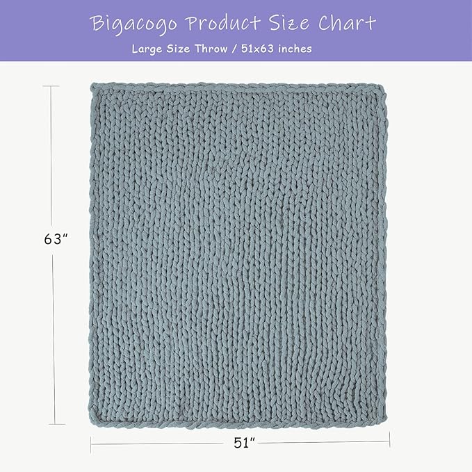 Bigacogo Chunky Knit Throw Blanket for Couch, 51x63 inches, 100% Hand Knitted with Thick Jumbo Chenille Yarn, Cozy Soft Large Rope Knot Cable Crochet Blankets for Sofa Bed Living Room, Dusty Blue-Ruum Studio Home