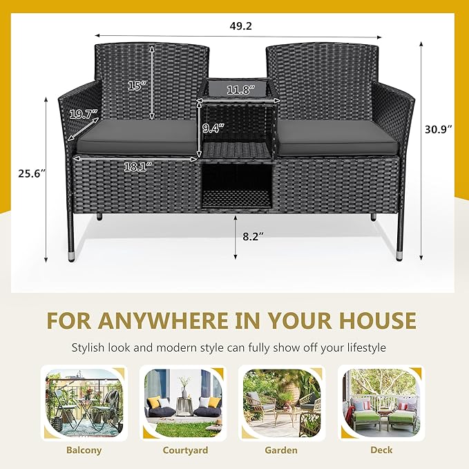 Flamaker Outdoor Furniture Patio Loveseat Wicker 2-Seat with Built-in Table and Cushions Rattan Porch Chairs Bench for Balcony, Lawn, Backyard (Grey)-Ruum Studio Home