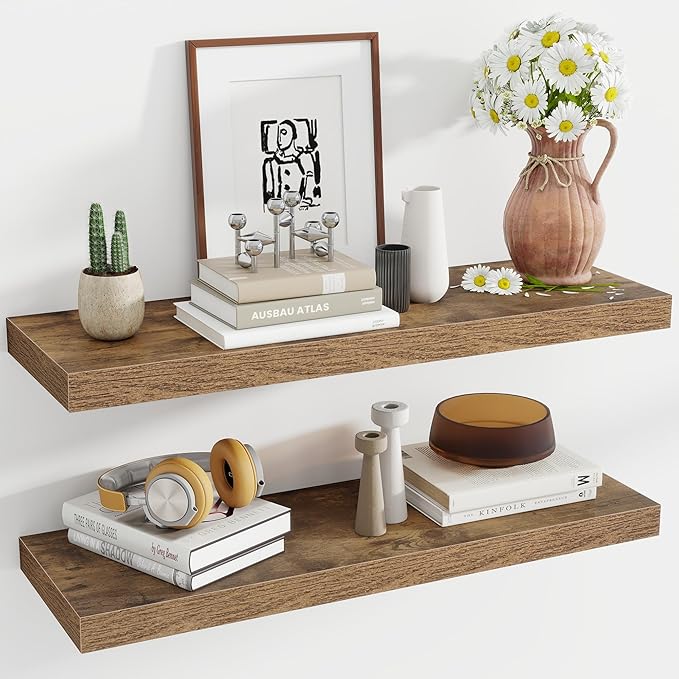 36 Inch Floating Shelves, 12 Inch Deep Floating Shelves for Wall, Floating Shelf with Invisible Brackets, Deep Shelves for Bathroom, Bedroom, Living Room, 2 Pack, Brown-Ruum Studio Home