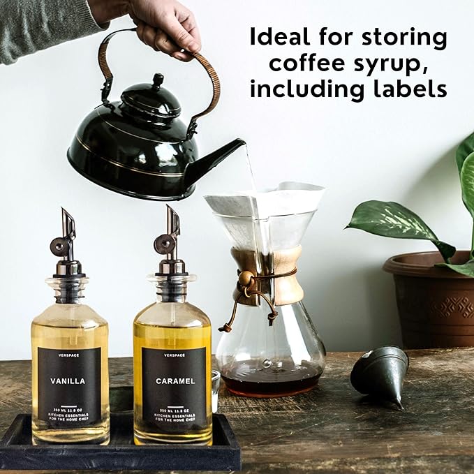 Olive Oil Dispenser Set With Silicone Tray & 40 Labels - 2 Black Bottles (500ml / 17oz) for Kitchen, Soy Sauce, Coffee Syrup-Ruum Studio Home