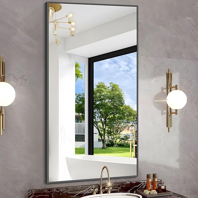 48x24In Black Bathroom Mirror for Wall, Rectangle Mirrors with Metal Frame, Bathroom Rectangular Mirror Modern Wall Mirror for Bedroom Living Room, Entryway Hangs Horizontal or Vertical-Ruum Studio Home