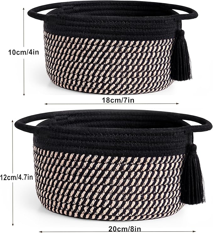 Empty Gift Basket - SweetMemo Mini Woven Rope Organizer Baskets for Baby Shower, Vanity, Makeup Brushes, Bathroom, Shelves, Desk - Small Decorative Storage Bins - Set of 2, Pre-Shaped, Black Brown-Ruum Studio Home