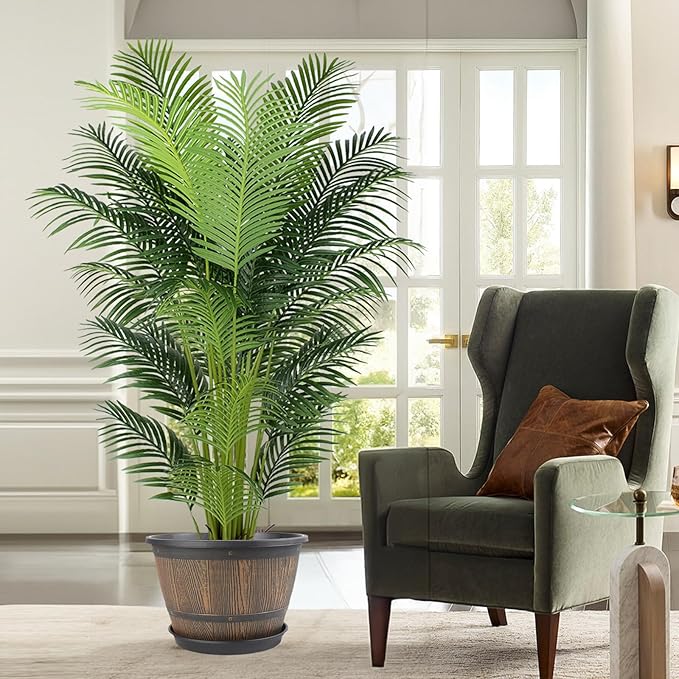 16-inch-Plant-Pots-Indoor-Outdoor, 4 Pack Large Whiskey Barrel Planters with Drainage Holes & Saucer, Plastic Flower Pots Imitation Wine Barrel Design, Decorative Garden Pots for Plants-Ruum Studio Home