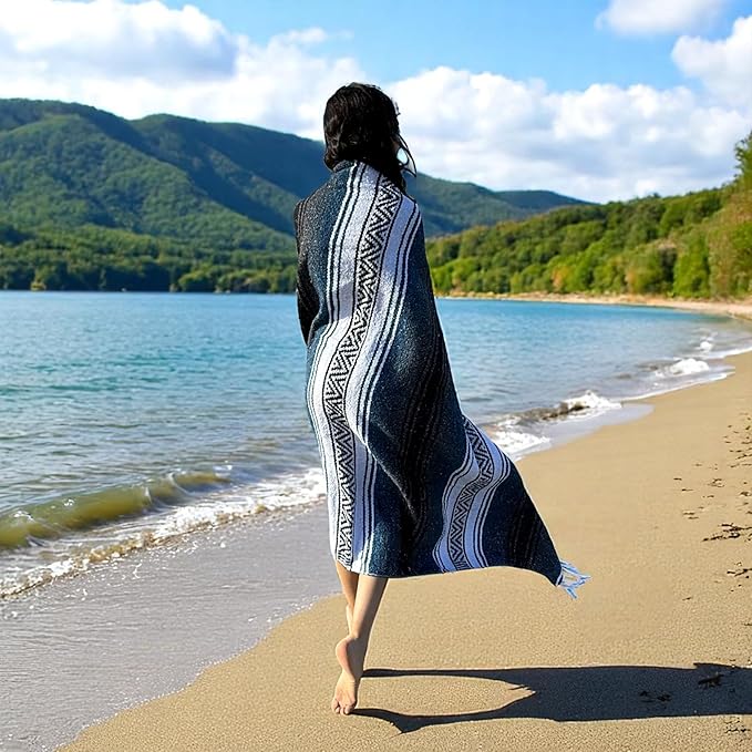 Traditional Handwoven Mexican Blanket, Large Falsa Serape - Soft & Durable - Vibrant Beach, Picnic, Yoga & Camping Mat - Lightweight Boho Throw 70"x50" (Onyx)-Ruum Studio Home
