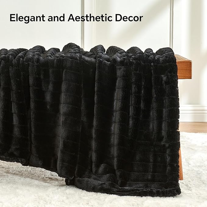 BEDELITE Faux Fur Throw Blanket for Couch, Soft and Cozy 3D Ribbed Fluffy Blanket, Thick Warm Plush Fuzzy Faux Rabbit Fur Blanket for Women Gift (Black, 50"x 60")-Ruum Studio Home