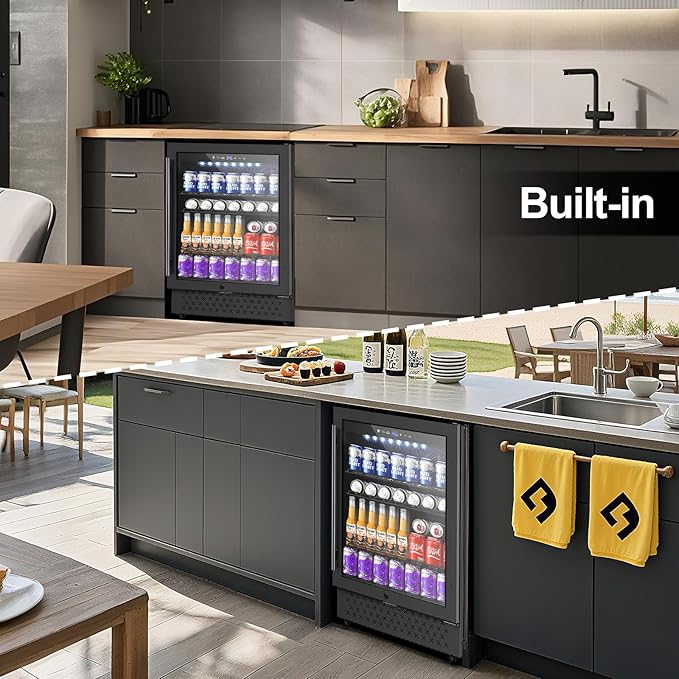 24 Inch Beverage Refrigerator, 5.2 Cu. Ft. Drink Refrigerator with Glass Door, 200 Cans Under Counter & Freestanding Drink Fridge, Reversible Door, Built-In Beverage Cooler for Kitchen, Bar or Office.-Ruum Studio Home