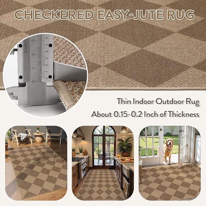 Lahome Checkered Easy Jute Indoor Outdoor Rug, 3x5 Washable Nature Rug for Entryway Living Room Indoor, Farmhouse Non Slip Checkerboard Carpet for Entry Guestroom Deck-Ruum Studio Home