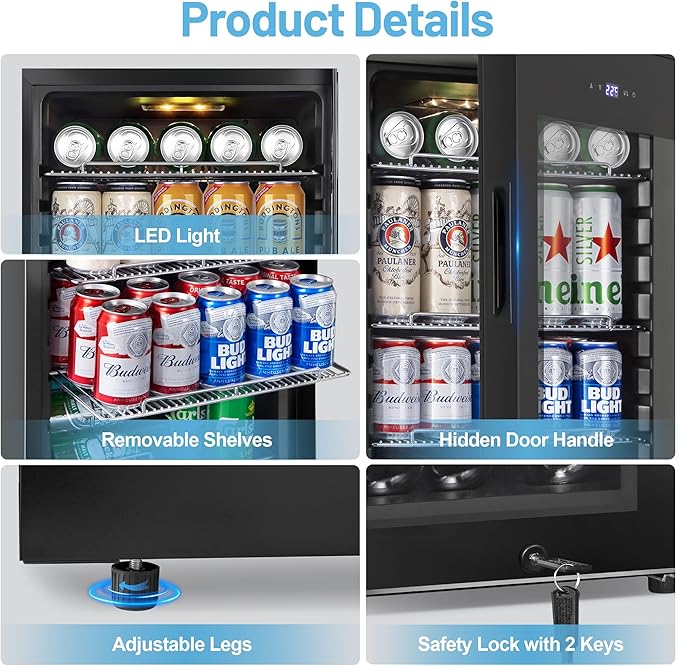 Beverage Refrigerator Cooler, 17 Inch 120 Cans Freestanding Mini Fridge with Glass Door, Adjustable Shelves and LED Light, Small Drink Fridge Counter-top Beer Fridge for Bedroom Office Bar-Ruum Studio Home