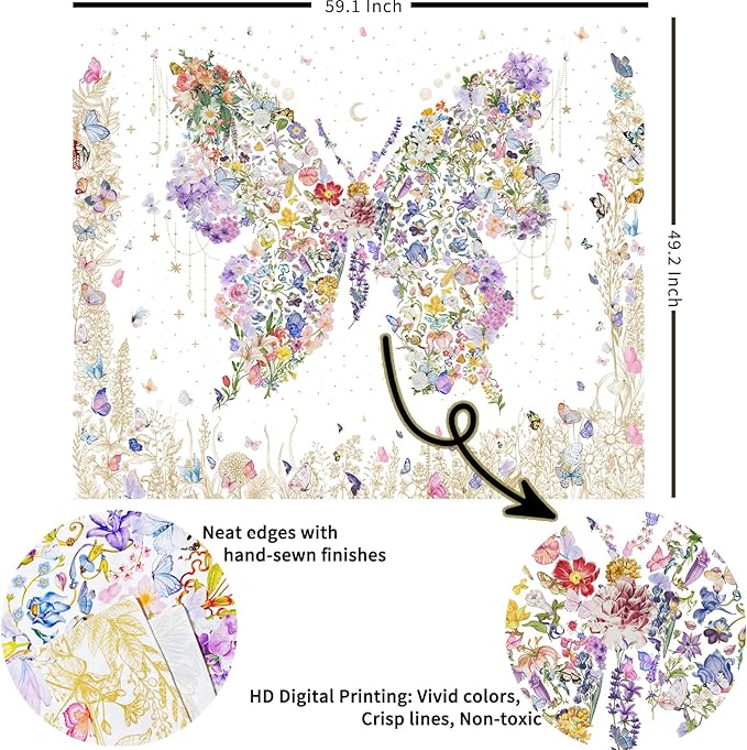 Damanse Butterfly Tapestry Wall Hanging Cute,Boho Wall Tapestry for Bedroom Aesthetic,Flower Living Room Decor for Teen Girls (White, 49.20" x 59.10")-Ruum Studio Home