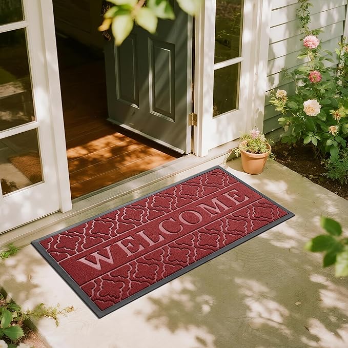 Yimobra Welcome Mat Outdoor Indoor, All-Season Waterproof Front Door Mat Outside Entrance, All-Weather Heavy Duty Non-Slip Doormat, Low Profile Porch Patio Entrance Mats, 47x24, Red-Ruum Studio Home