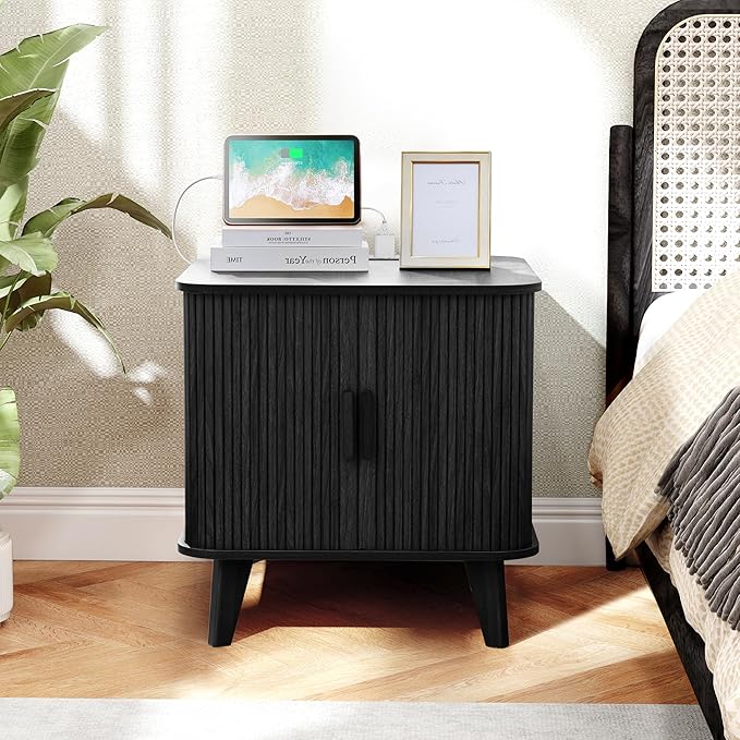 Farmhouse Square End Table with Charging Station, 24" Large Fluted Sofa Side Table with Sliding Tambour Door and Storage, Rustic Curved Wood Nightstand for Living Room, Bedroom, Black-Ruum Studio Home