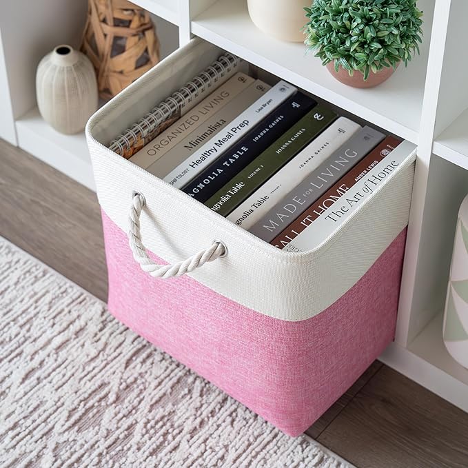 OrganiHaus 13x13 Cube Storage Bins 4 Pack, Foldable Cube Storage Organizer w/ Rope Handles, Collapsible Fabric Bins for Toys, Clothes & Closet Organization, Fabric Square Baskets - Pink/White-Ruum Studio Home