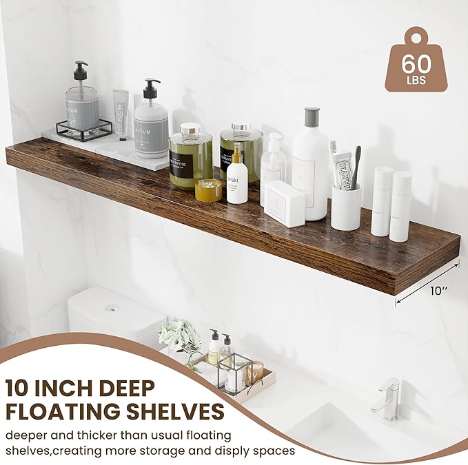 Fun Memories 55 Inch Fireplace Mentel Shelf, 10 Inch Deep Shelves for Display&Wall Storage, Rustic Wood Wall Shelf -Extra Long Floating Shelves for Living Room Laundry Room, Rustic Brown, Set of 1-Ruum Studio Home