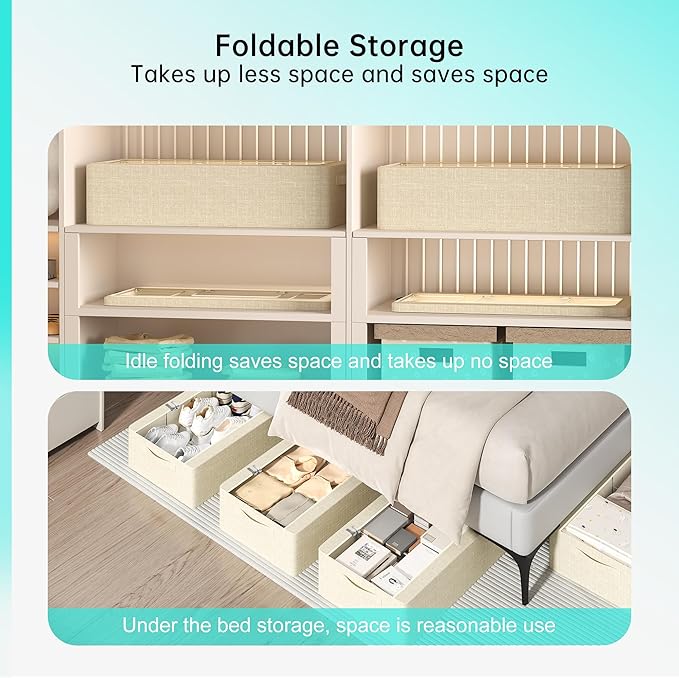 3PCS Under Bed Storage Bins with Metal Frame, Linen Fabric Frame Storage Box Clothes Organizer Bins, Underbed Container with Clear Window (Beige, 15.7 x 13 x 6IN)-Ruum Studio Home